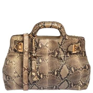 Pre Owned Salvatore Ferragamo Brown/Beige Python Gancini Satchel