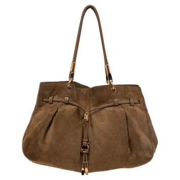 Pre Owned Salvatore Ferragamo Brown Suede Gancio Drawstring Shoulder Bag