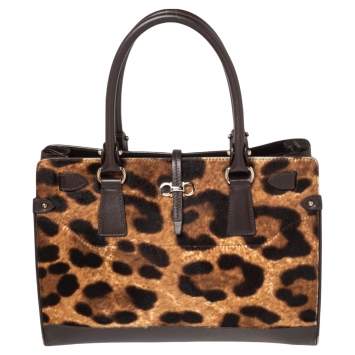 Pre Owned Salvatore Ferragamo Brown Leopard Print Pony Hair and Leather Medium Briana Tote