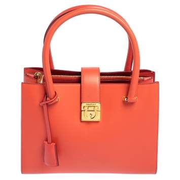 Pre Owned Salvatore Ferragamo Coral Red Leather Gancini Lock Tote