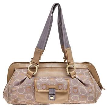 Pre Owned Salvatore Ferragamo Beige/Purple Canvas And Leather Satchel
