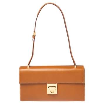 Pre Owned Salvatore Ferragamo Tan Leather Gancini Flap Shoulder Bag
