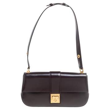 Pre Owned Salvatore Ferragamo Dark Brown Leather Gancio Flap Shoulder Bag 