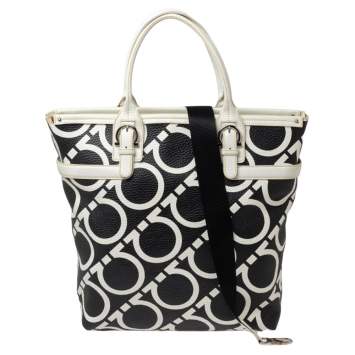 Pre Owned Salvatore Ferragamo Black/White Gancini Print Leather Tote