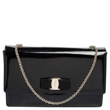Pre Owned Salvatore Ferragamo Black Patent Leather Vara Bow Flap Wallet On Chain