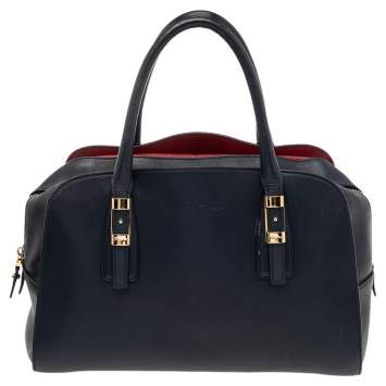 Pre Owned Salvatore Ferragamo Navy Blue/Red Leather Satchel