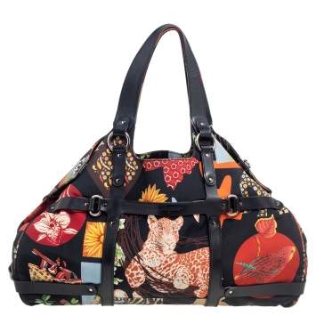 Pre Owned Salvatore Ferragamo Multicolor Nylon and Leather Jungle Safari Print Leopard Tote