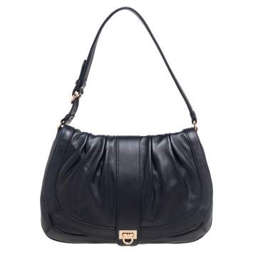 Pre Owned Salvatore Ferragamo Black Leather Pleated Flap Shoulder Bag