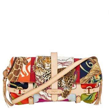 Pre Owned Salvatore Ferragamo Multicolor Printed Nylon and Leather Flap Shoulder Bag
