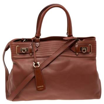 Pre Owned Salvatore Ferragamo Brown Leather Gancini Tote