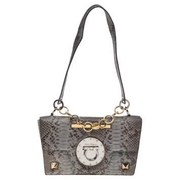 Pre Owned Salvatore Ferragamo Grey Python Flap Shoulder Bag