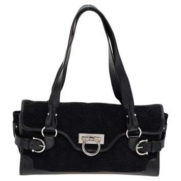 Pre Owned Salvatore Ferragamo Black Gancini Velvet And Leather Shoulder Bag