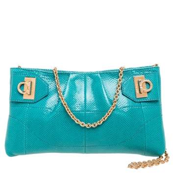 Pre Owned Salvatore Ferragamo Teal Blue Lizard Embossed Gancini Chain Clutch