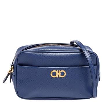 Pre Owned Salvatore Ferragamo Blue Leather Double Gancini Shoulder Bag