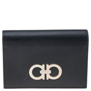 Pre Owned Salvatore Ferragamo Black Leather Double Gancio Card Case