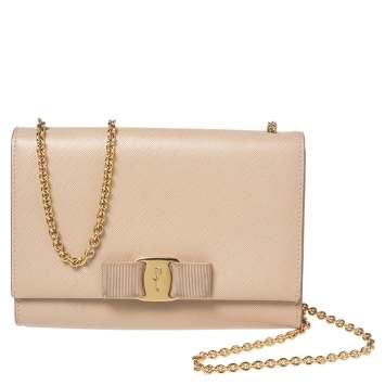 Pre Owned Salvatore Ferragamo Beige Leather Vara Bow Crossbody Bag
