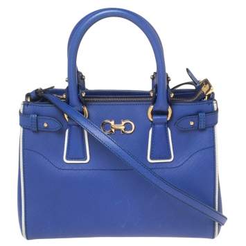 Pre Owned Salvatore Ferragamo Blue/White Leather Batik Tote