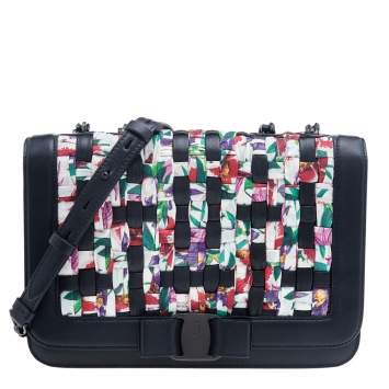 Pre Owned Salvatore Ferragamo Black/Multicolor Woven Leather And Fabric Vara Bow Shoulder Bag