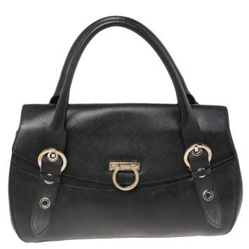 Pre Owned Salvatore Ferragamo Black Leather Gancio Flap Satchel