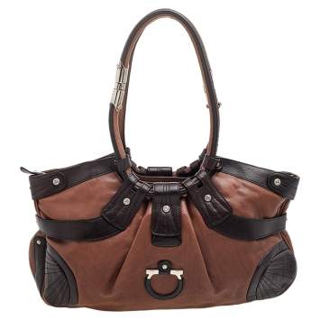 Pre Owned Salvatore Ferragamo Brown Leather Gancini Shoulder Bag