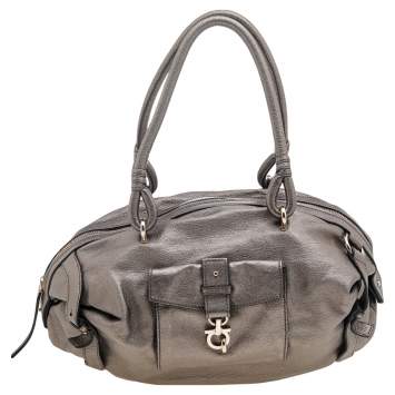 Pre Owned Salvatore Ferragamo Metallic Grey Leather Gancini Front Pocket Satchel