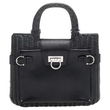Pre Owned Salvatore Ferragamo Black Wicker and Leather Large Gancini Belted Tote