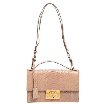 Pre Owned Salvatore Ferragamo Dusty Pink Python Gancio Flap Top Handle Bag