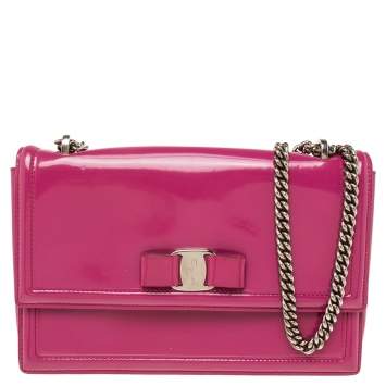 Pre Owned Salvatore Ferragamo Fuchsia Patent Leather Vara Bow Chain Shoulder Bag