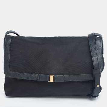 Pre Owned Salvatore Ferragamo Black Nylon And Leather Viva Bow Shoulder Bag
