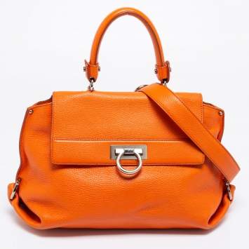 Pre Owned Salvatore Ferragamo Orange Leather Sofia Top Handle Bag