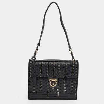 Pre Owned Salvatore Ferragamo Black Leather And Suede Studded Aileen Shoulder Bag