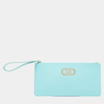 Pre Owned Salvatore Ferragamo Tiffany Green Leather Gancio Wristlet Clutch