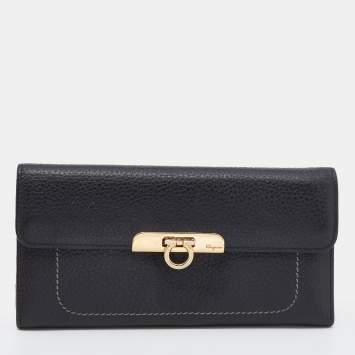 Pre Owned Salvatore Ferragamo Black Leather Continental Wallet