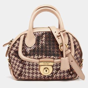 Pre Owned Salvatore Ferragamo Metallic Rose Gold/Pink Sequin and Leather Fiamma Satchel