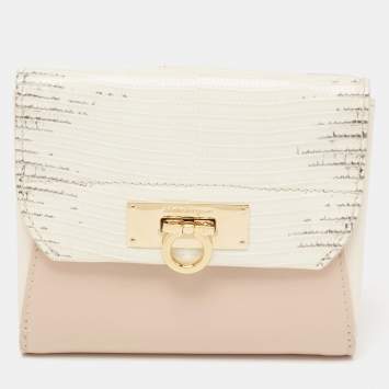 Pre Owned Salvatore Ferragamo Beige Leather and Roccia Lizard Compact Wallet