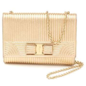 Pre Owned Salvatore Ferragamo Metallic Gold Leather Vara Bow Chain Clutch