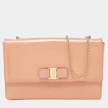 Pre Owned Salvatore Ferragamo Peach Patent Leather Miss Vara Shoulder Bag