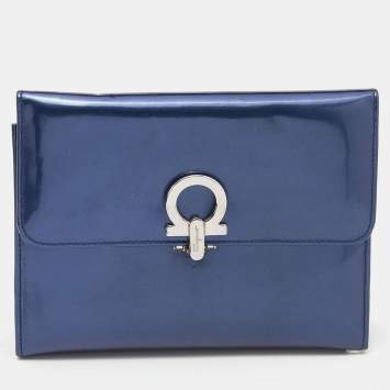 Pre Owned Salvatore Ferragamo Navy Blue Patent Leather Gancini Lock Flap Clutch