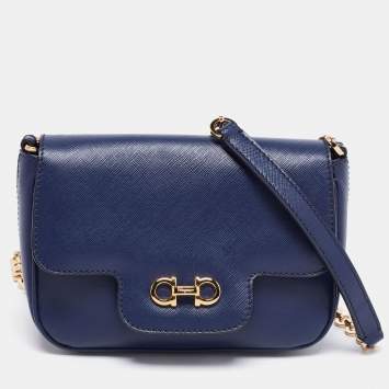 Pre Owned Salvatore Ferragamo Navy Blue Saffiano Leather Gancini Icona Vit Paris Crossbody Bag