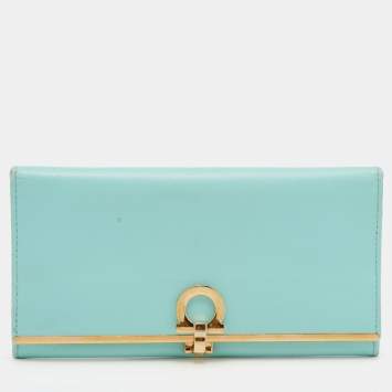 Pre Owned Salvatore Ferragamo Aqua Green Leather Gancini Icona Continental Wallet