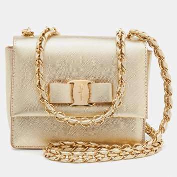 Pre Owned Salvatore Ferragamo Gold Leather Mini Ginny Crossbody Bag