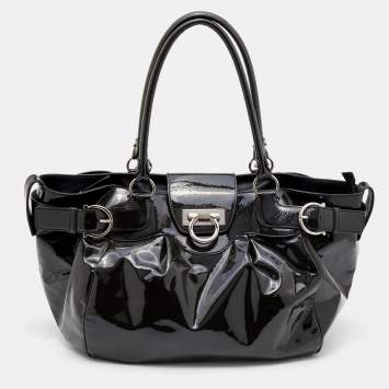 Pre Owned Salvatore Ferragamo Dark Grey Patent Leather Marisa Satchel