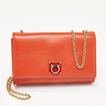 Pre Owned Salvatore Ferragamo Orange Gancini Flap Shoulder Bag