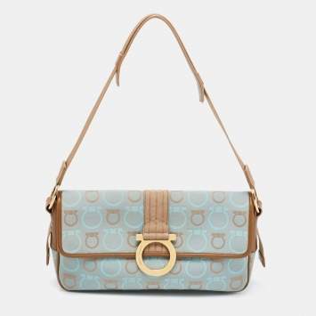 Pre Owned Salvatore Ferragamo Light Blue/Beige Canvas And Leather Gancini Shoulder Bag