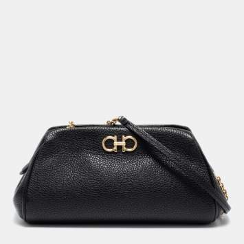 Pre Owned Salvatore Ferragamo Black Leather Gancini Crossbody Bag