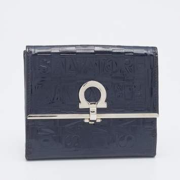 Pre Owned Salvatore Ferragamo Navy Blue Logo Embossed Patent Leather Gancini French Wallet