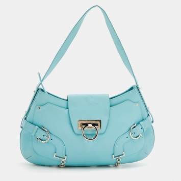 Pre Owned Salvatore Ferragamo Blue Leather Flap Shoulder Bag