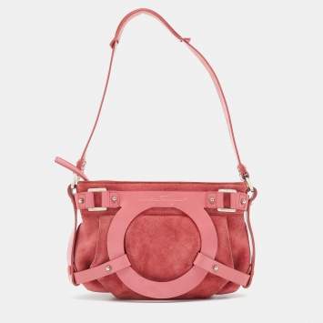 Pre Owned Salvatore Ferragamo Pink Suede and Leather Gancio Baguette Shoulder Bag