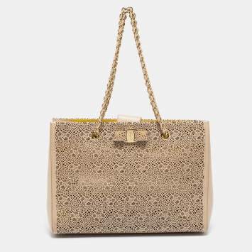 Pre Owned Salvatore Ferragamo Beige Laser Cut Leather Chain Tote