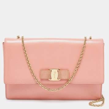 Pre Owned Salvatore Ferragamo Salmon Pink Leather Ginny Chain Shoulder Bag